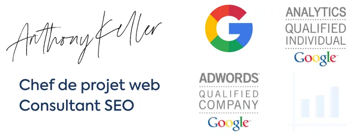 Logos Badge certification Google entreprise qualifiée Google Adwords et Google Analytics qualified Individual Anthony Keller.