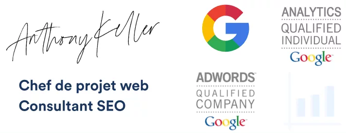 Logos Badge certification Google entreprise qualifiée Google Adwords et Google Analytics qualified Individual Anthony Keller.